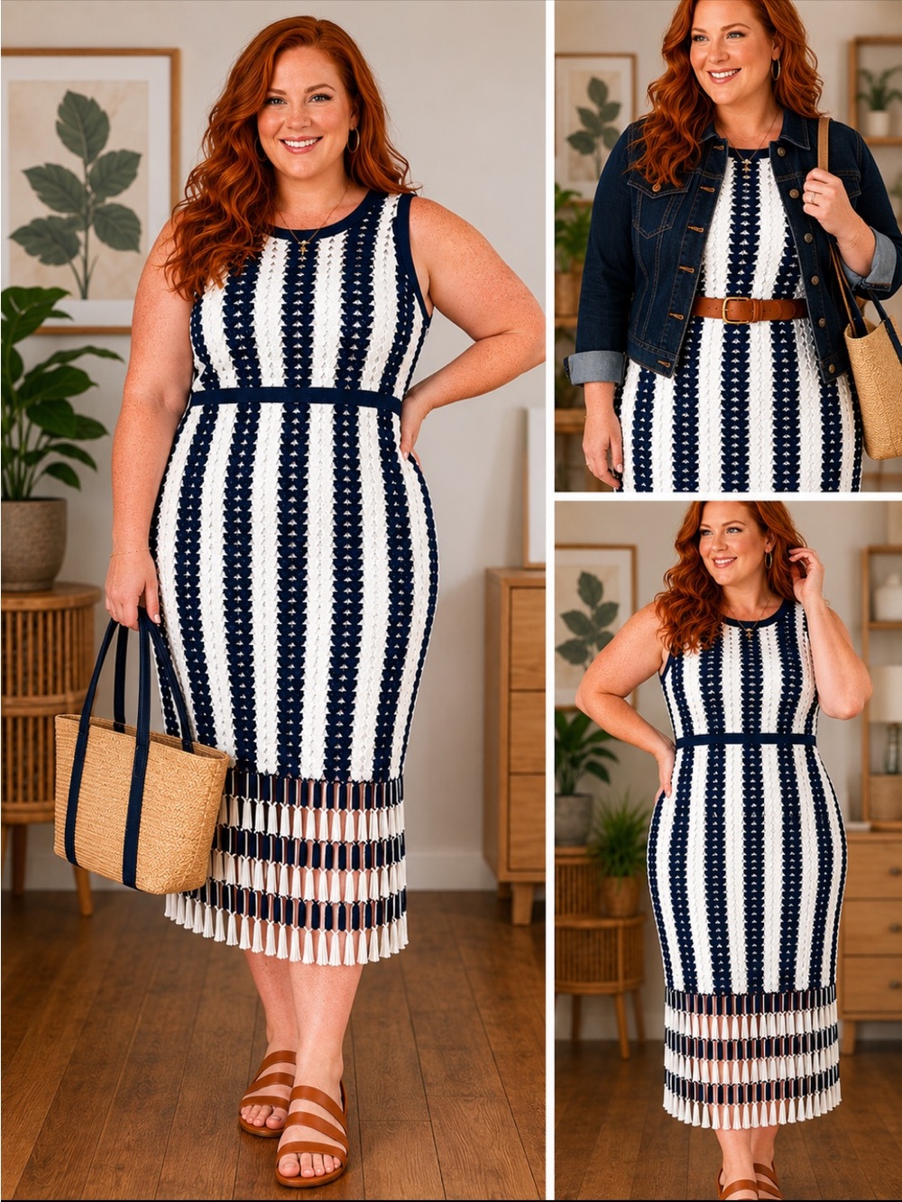 Midnight Velvet Navy and White Crochet-Striped Sleeveless Midi Dress. Size 18W.‎